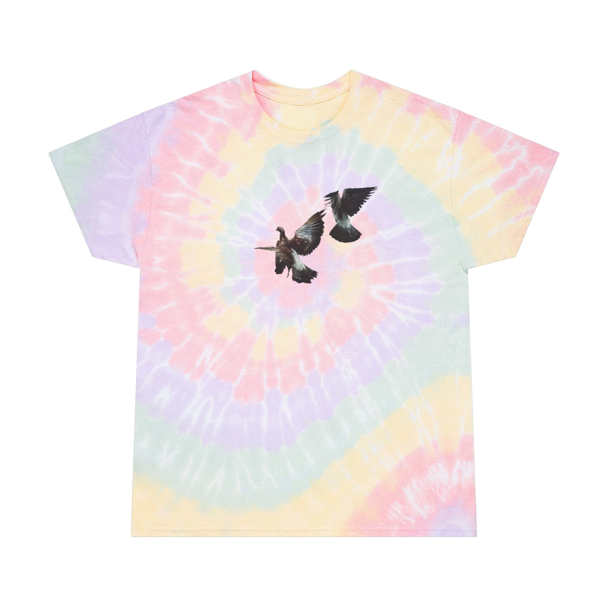 Pastel Spiral Tie-Dye Tee with Flying Doves Graphic