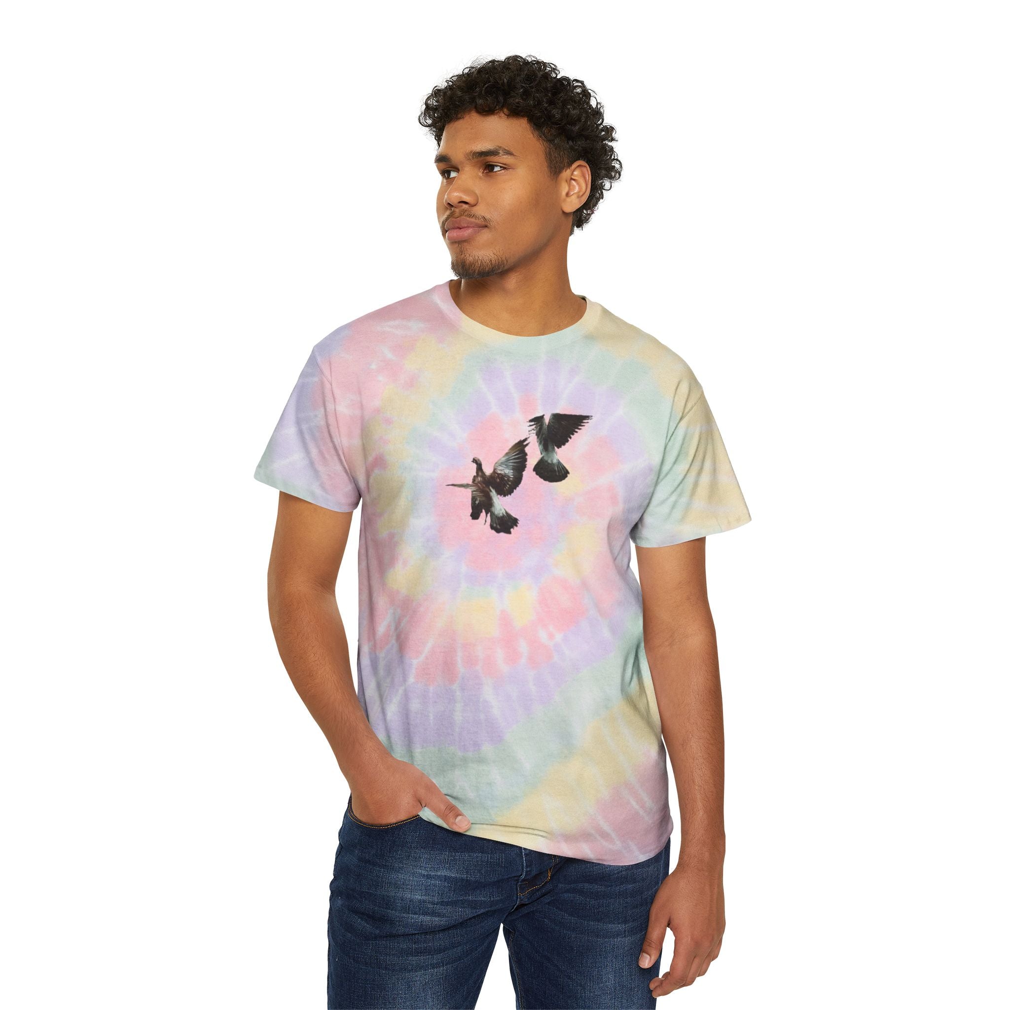 Pastel Spiral Tie-Dye Tee with Flying Doves Graphic